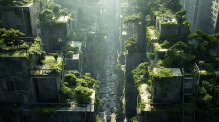 Delve into an overgrown concrete jungle seen from above, blending nature reclaiming urban spaces with a hint of mystery Utilize digital techniques to depict sun-dappled foliage intertwining with decay