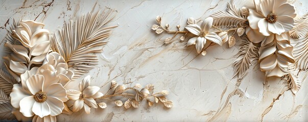 Elegant feather and floral designs combined on marble for serene panel wall art