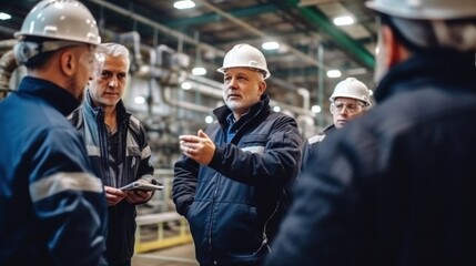 Company inspectors visit industrial plants and communicate with groups of workers in the factories.
