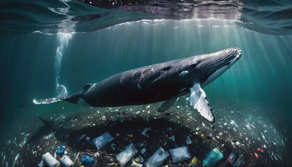 A whale is swimming in a polluted ocean. environmental pollution. ocean pollution. Whale and...