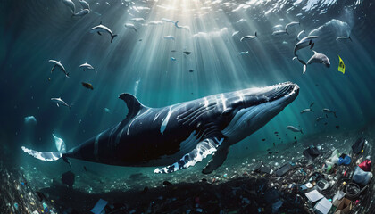 A whale is swimming in a polluted ocean. environmental pollution. ocean pollution. Whale and Dolphin Day