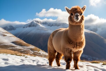 Fototapeta premium llama in the mountains, A majestic alpaca standing tall on a snow-capped mountain, its soft fur glistening in the sunlight.