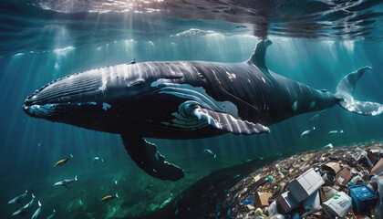 Fototapeta premium A whale is swimming in a polluted ocean. environmental pollution. ocean pollution. Whale and Dolphin Day