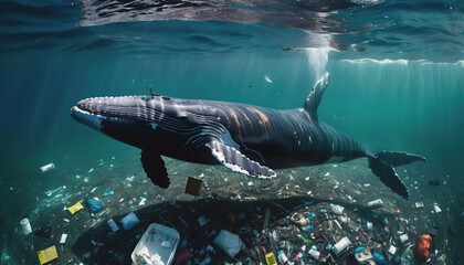 A whale is swimming in a polluted ocean. environmental pollution. ocean pollution. Whale and...