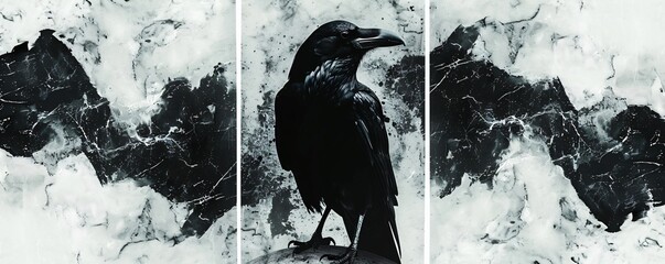Fototapeta premium Elegant three panel artwork with a raven silhouette on a stark white and black marble canvas