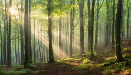 panorama of natural beech forest with sunbeams through morning fog