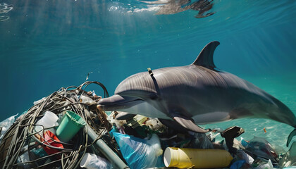 A dolphin is entangled in a mountain of garbage in the ocean. environmental pollution. pollution of the ocean. Whale and Dolphin Day