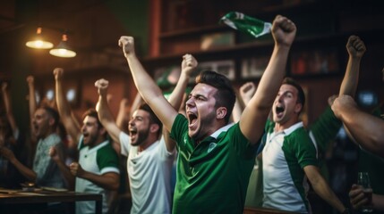 Fototapeta premium Excited soccer fans celebrate while watching soccer matches on TV during the World Cup in a bar. happily