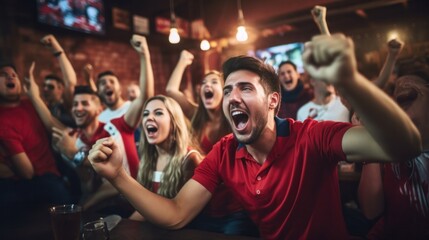 Excited soccer fans celebrate while watching soccer matches on TV during the World Cup in a bar. happily