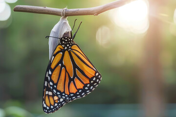 An empty cocoon hangs from a branch as a butterfly emerges, illustrating transformation and growth.