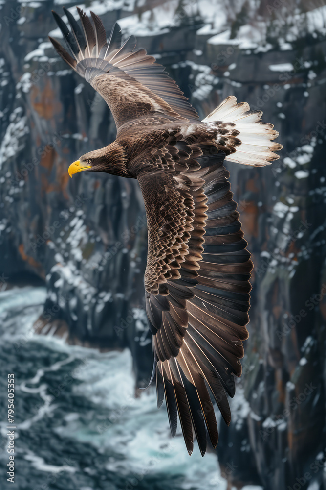 Poster an eagle swooping down on its prey in a high-stakes aerial maneuver over rugged cliffs,
