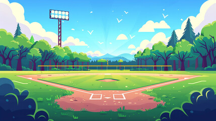 Outdoor baseball court scene in flat graphics