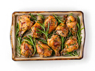 A platter of  fried roasted quails with herbs, spices and greens on tray  top view isolated on white