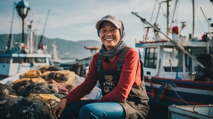 Smiling Asian woman working in seafood industry. Sea background. Fishing boat.