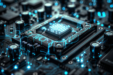 An intricate schematic of a supercomputer architecture, rendered in monochrome with pops of electric blue,