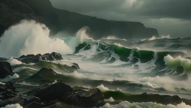 Video animation of  tumultuous ocean with large, powerful waves crashing against rocky shores. The sky is overcast with dark, stormy clouds, contributing to a dramatic and moody atmosphere.