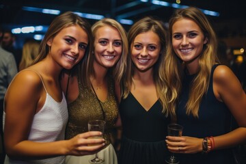 Group of young women having sparkling wine party smiling happily