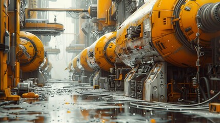 A long, narrow corridor in a futuristic city. The walls are lined with yellow pipes and machinery. The floor is wet and there is a strong smell of ozone in the air.