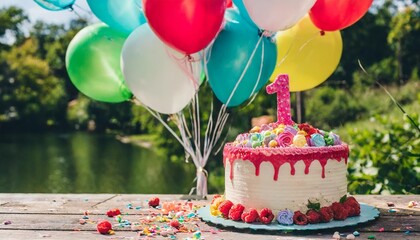 colorful first birthday celebration with cake and balloons