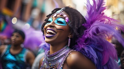 Young African American woman with happy smile in carnival costume having fun during a festival procession in the streets around the city.