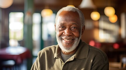Happy elderly African American man at home smiling looking at camera in living room.