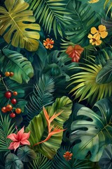 A lush tropical rainforest with a variety of plants and flowers.