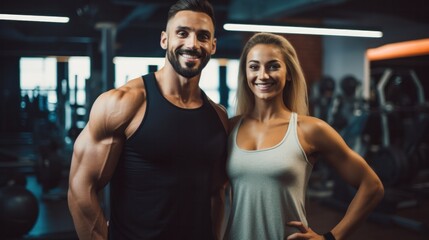 Couple likes to exercise, tensing their muscles after exercising in the gym. happily