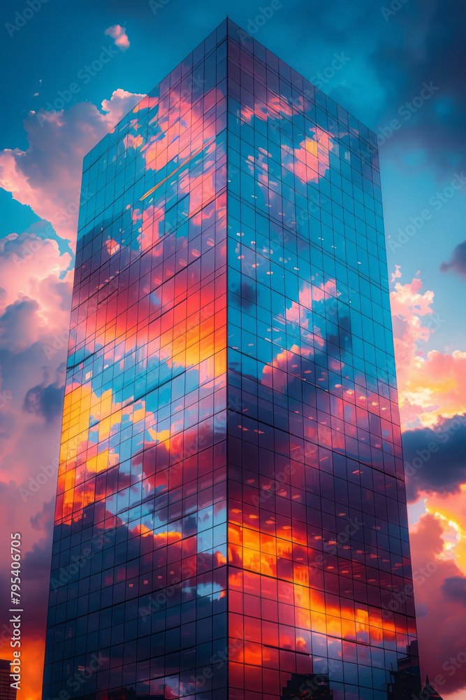 Poster The reflective surface of a skyscraper, clouds and sunsets distorted in the glass,