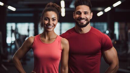 Fototapeta premium Couple likes to exercise, tensing their muscles after exercising in the gym. happily