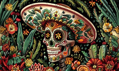 Fototapeta na wymiar Cinco de Mayo, Day of the Dead Mexican Skull Mascot Illustration