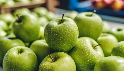 granny smith apples on a sorting table in a fruit packing warehouse