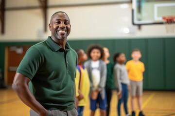 A cheerful physical education teacher stands and talks with students between classes at the elementary school basketball court gym.