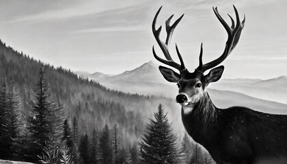 a black and white painting of a deer with majestic horns in a forest landscape