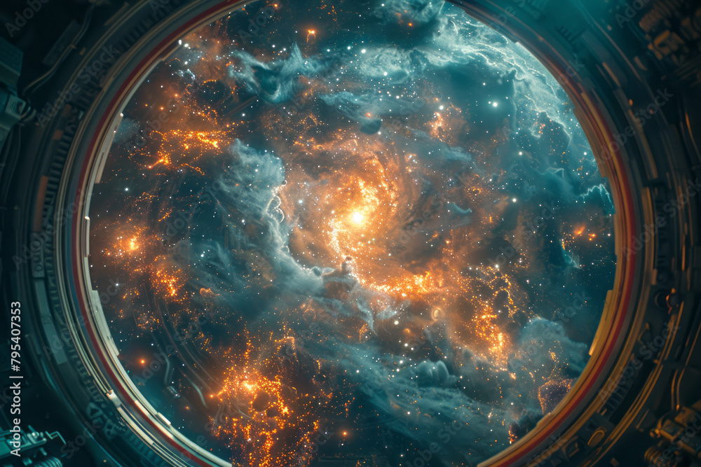 Aufkleber the view from a spaceship's window, showing a distant supernova explosion in vivid detail.