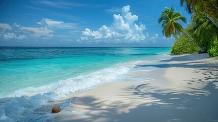 Fototapeta premium Luxurious tropical landscape. White sand with palm trees and azure sea. A heavenly place to relax. Beautiful exotic summer beach background for design.