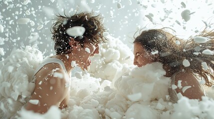 A man and a woman having a pillow fight in slow motion.