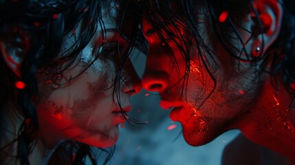A man and a woman with wet hair and red glowing eyes are staring at each other with their faces close together. - obrazy, fototapety, plakaty