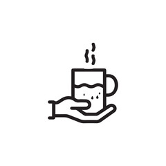 Mug  on a hand . flat, simple line art vector in white background