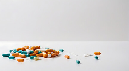 Prescription medicine drug pills or tablets and capules scattered on white countertop with big copy space and plain base, low angle shot

