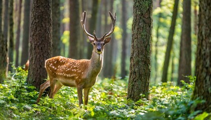 riga latvia september 09 2023 a deer standing in the middle of a forest filled with trees - obrazy, fototapety, plakaty