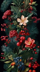 Fototapeta premium Christmas botanical plants christmas pattern berry