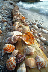 Fototapeta na wymiar A bohemian beach scene, with driftwood and seashells arranged in spontaneous yet harmonious patterns,