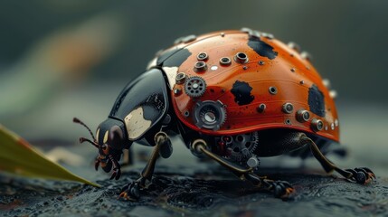 Obraz premium Captured in a macro concept closeup, a ladybugs shell opens to reveal a sophisticated internal mechanism, a beautiful robotic marvel in a miniature form