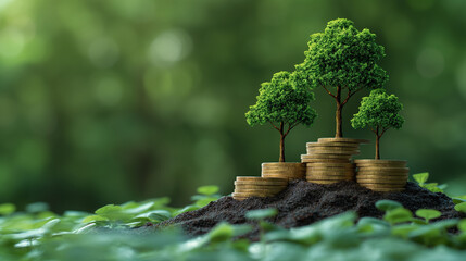 Graph showing tree growth on pile of money, business investment ideas, finance, and economy.