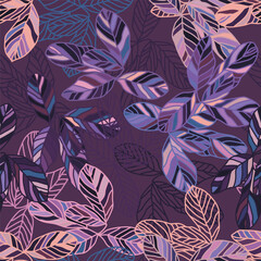 A vibrant and artistic pattern of leaves in shades of purple, violet, magenta, and electric blue on a rectangular canvas. This organic design is perfect for linens or wall art