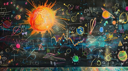 Chalk dust floats in sunbeams over a blackboard, scribbled with colorful equations and playful doodles, kawaii, bright water color
