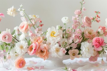 Elegant floral table decor against a soft transparent white backdrop, perfect for special occasions