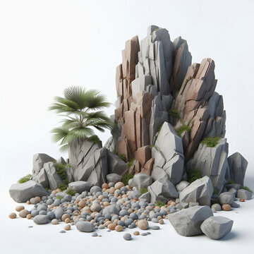 Composici&oacute;n de rocas y plantas - Fondo blanco 
