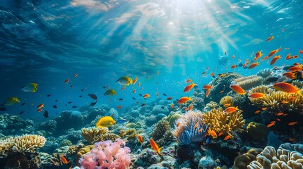 Naklejka premium Vibrant Marine Life Thriving in a Sunlit Coral Reef Ecosystem