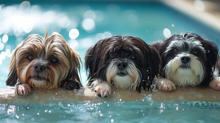 Three wet havanese dogs leaning against the edge of an inflatable outdoor pool